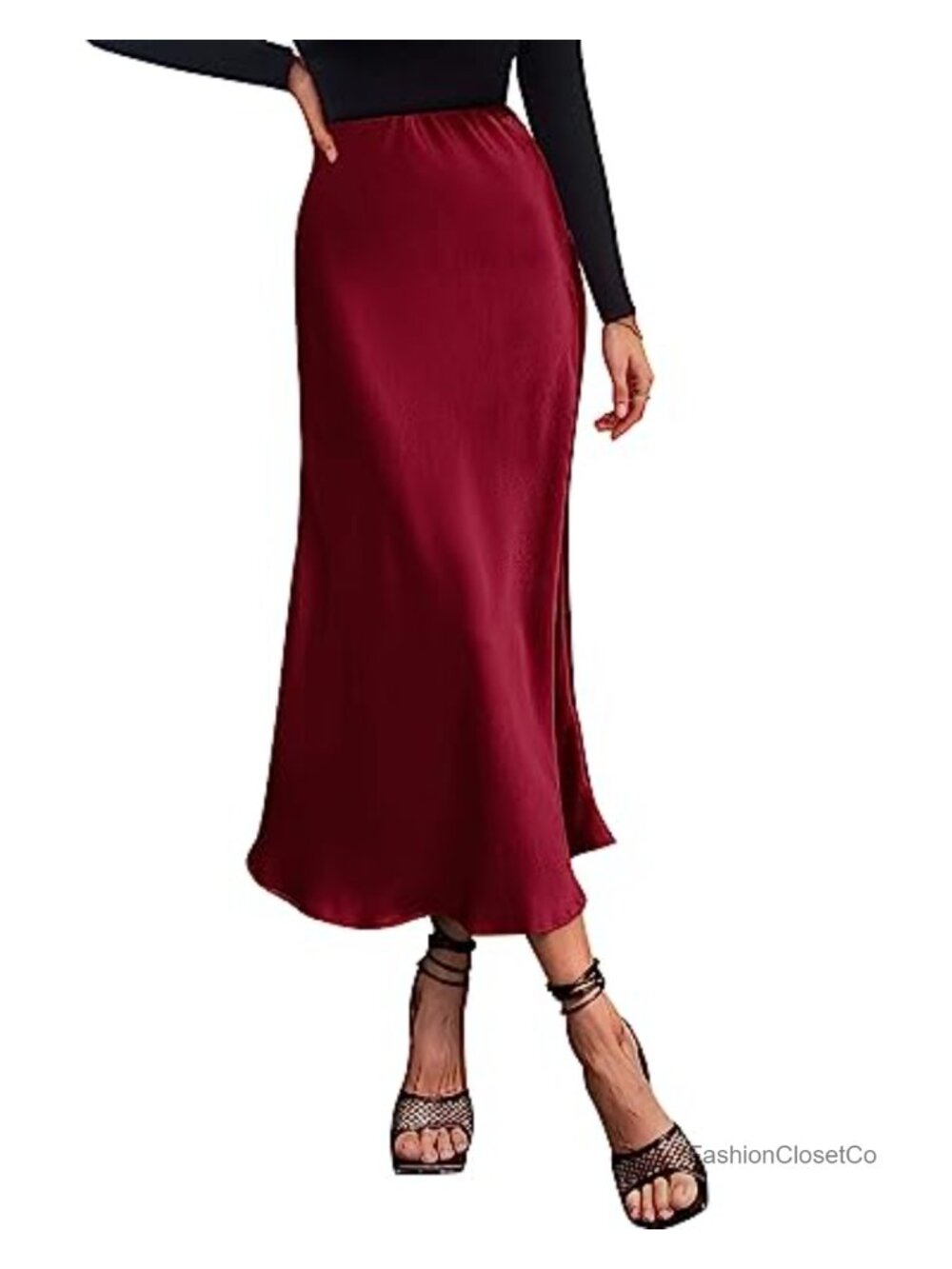 Satin High Waisted Midi A-Line Ruffle Hem Skirt